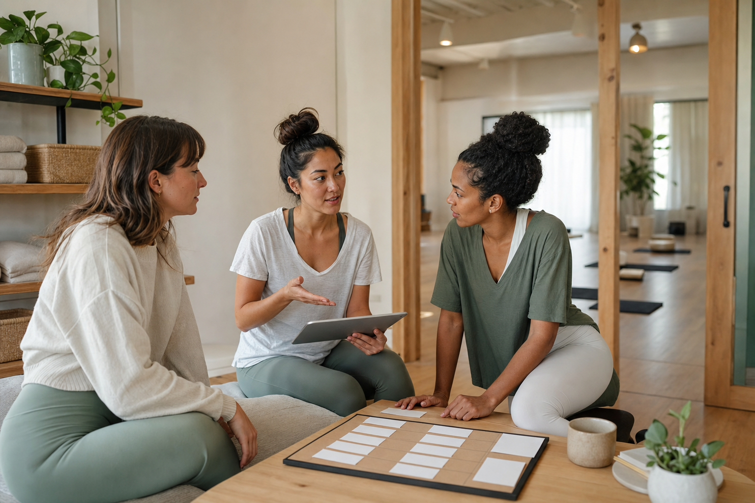 Equipo de un centro de yoga coordinando clases y actividades