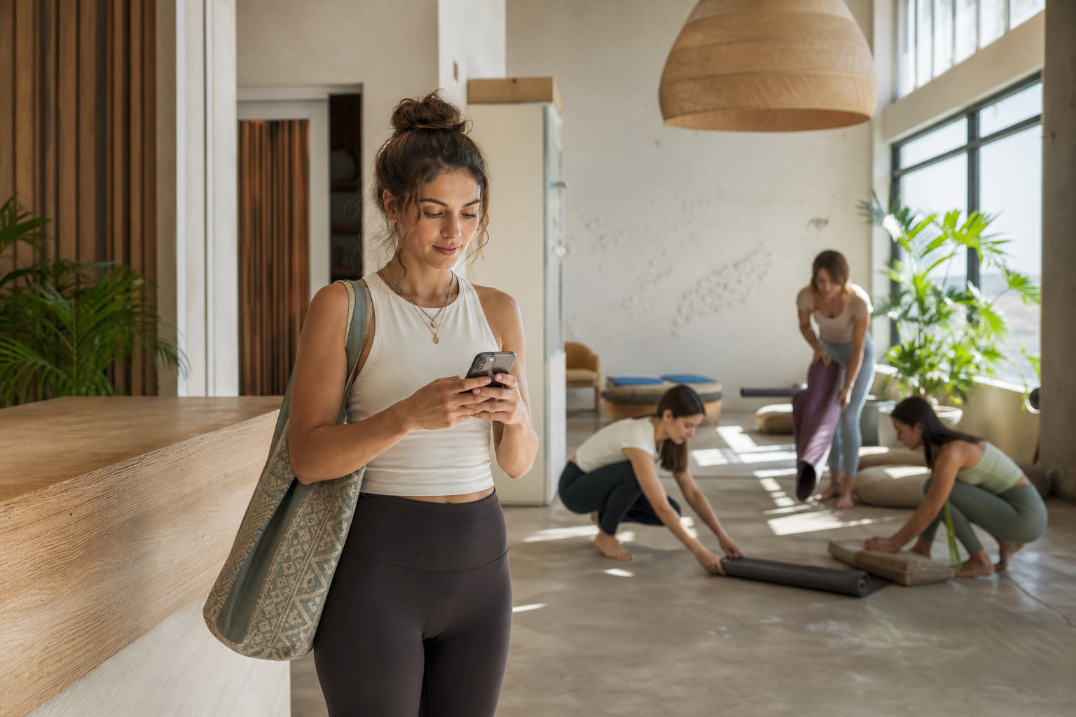 Alumna reservando una clase de yoga desde el móvil