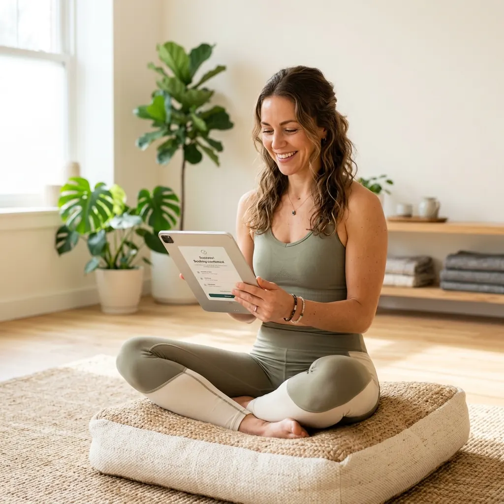 Responsable de un centro de yoga gestionando su actividad diaria