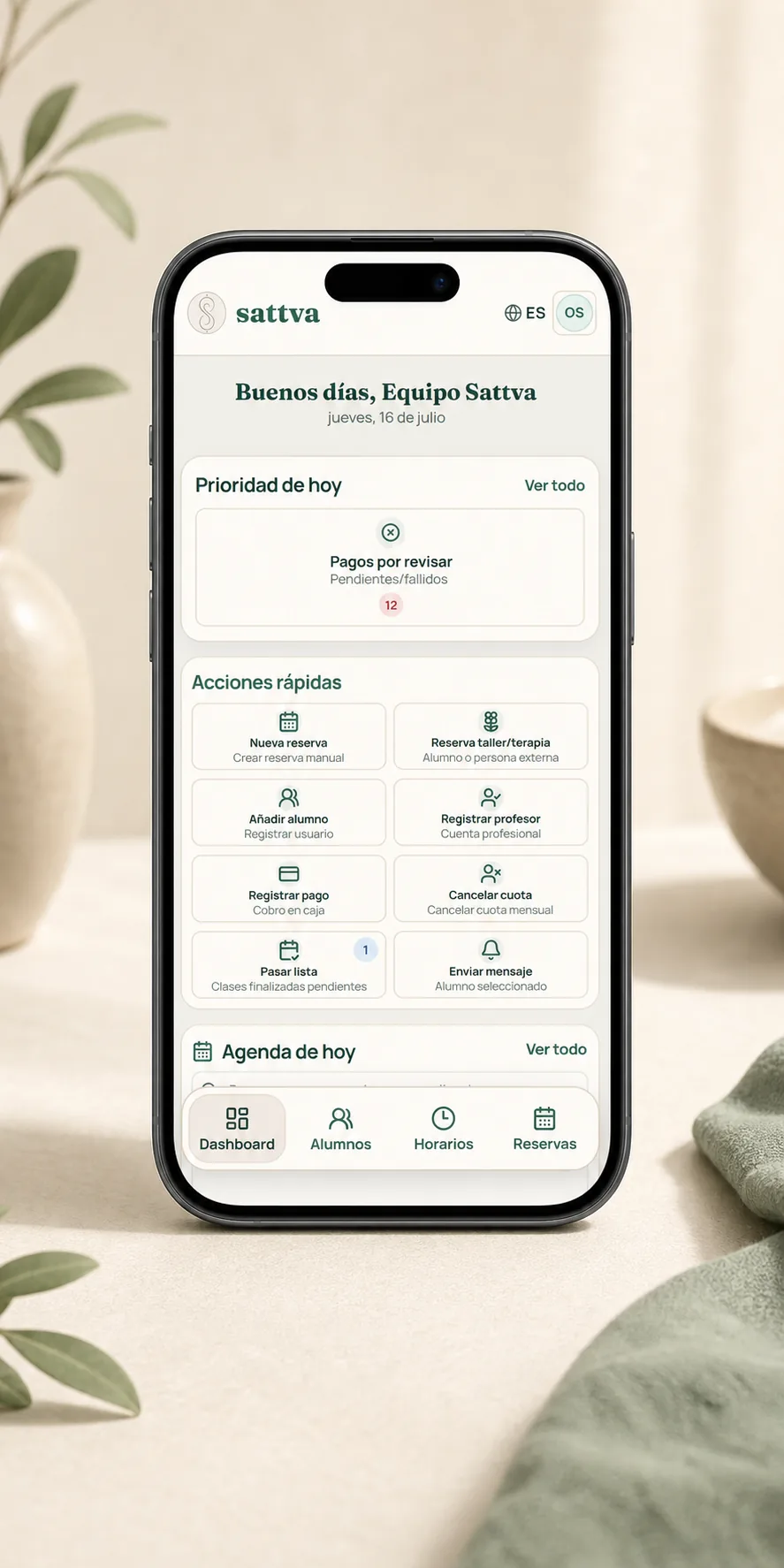 Mockup de un móvil mostrando el nuevo panel de Sattva
