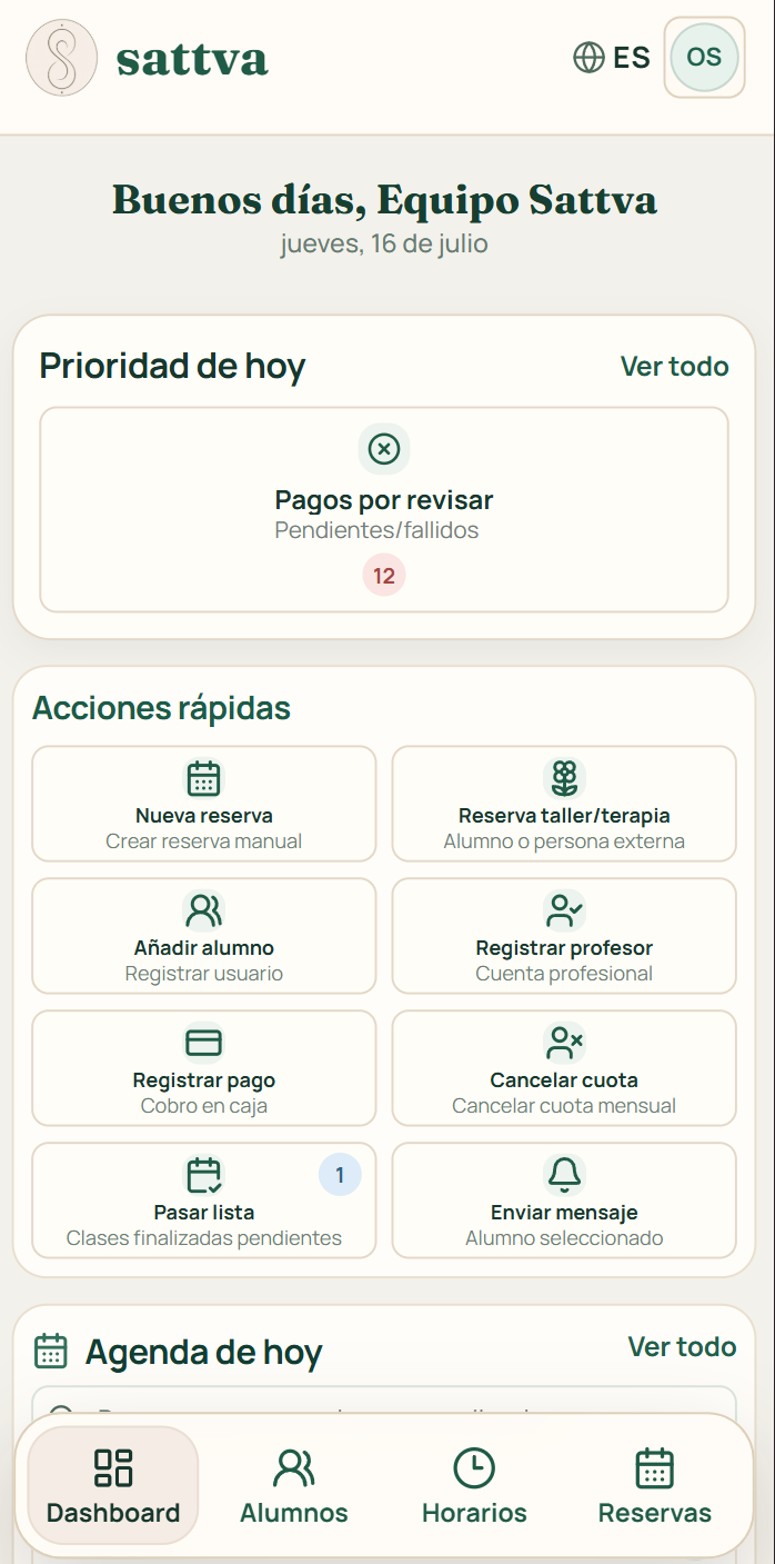Vista previa móvil del panel de gestión de Sattva